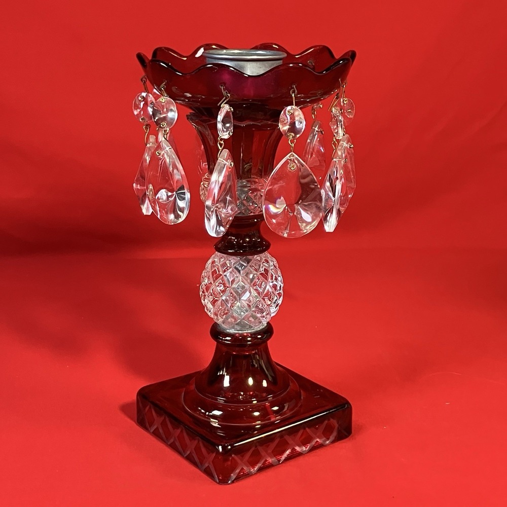Vintage‎ Ruby Red & Cut Glass Prisms Candlestick / Lamp Base Parts / Flaws